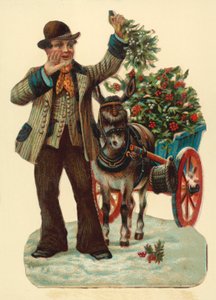 Man Selling Holly and Mistletoe from a Donkey Cart by English School